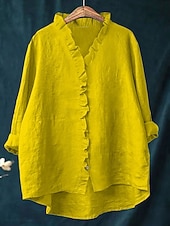 cheap Plain Blouses-Easter Women's Tunic Casual Shirt Button Up Shirt Blouse Ruffle Solid Color Vacation Vintage Daily Long Sleeve V Neck Long Tops Work Beach Holiday Blue White Yellow Red Gray Summer Spring Fall Winter