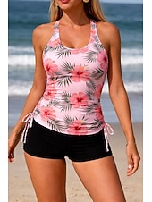 billige Tankinier-Dame Badetøy Tankini 2 stk Høy Midje Badedrakt Midjekontroll Høy Midje Tynn Åpen rygg Ferie Strand Klær Blomstret U-hals Ermeløs Badedrakter