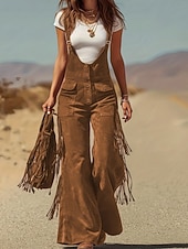 Недорогие Женские комбинезоны и ромперы-Жен. Брюки карго Широкие Биб Колготки Комбинезон Мода Уличный стиль На каждый день Полная длина Завышенная Полотняное плетение С кисточками Карман удобный Неэластичная