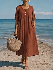 cheap Dresses-Women's Maxi Dress Linen-feel Dresses Shift Dress Summer Dress Casual Daily Loose Fit Plain Long Sleeve V Neck Blue Black Dark Red Summer Spring Fall