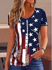  Camiseta Patriótica Feminina do Dia da Independência Gráfica Bandeira Vintage Moda Estilosa Manga Curta Gola Redonda Tops Regulares Impressão Diária Final de Semana Azul Branco Verão Primavera