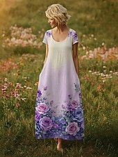  Mulheres Vestido maxi longo Vestido Boho Vestido casual Vintage Diário Ao ar livre Praia Ajuste Largo Floral Manga Curta Decote U Roxo Verão Primavera