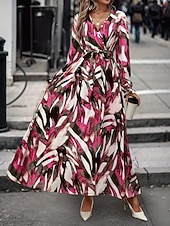 cheap Casual Floral Dresses-Women's Long Dress Maxi Dress A Line Dress Floral Dress Elegant Fashion Modern Daily Outdoor Vacation Regular Fit Floral Long Sleeve V Neck Red Brown Spring Fall