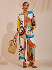 お買い得  シャツ、トップス、ブラウス-抽象画風のシルクサテンVネックトップス