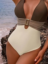 levne Jednodílné-Dámské Plavky Jeden kus Vysoký pas Plavky Nabírané šaty Slátanina prázdniny Vinobraní Bez vzoru Do V Bez rukávů Plavky