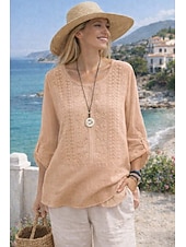 abordables Camisas-Mujer Camisa Algodón Compuesto Blusa Malla Plano Moderno Media Manga Cuello Barco Tops regulares Diario Festivos Noche Azul Piscina Blanco Amarillo Morado Caqui Verano