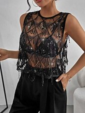 economico Serbatoio Semplice-Per donna Maglietta Canotta Paillettes Tinta unica Moda Caldo Roccia Senza Maniche Girocollo Top Regolari Quotidiano Uscire Weekend Nero Estate Primavera Autunno