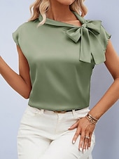 billiga Kostymblusar-Dam Skjorta Satinskjorta Blus Slät Stylish Grundläggande Klassisk Kortärmad Knyt hals Vanliga toppar Dagligen Helgdag Utekväll Gul Ljusgrön Orange Grön Sommar Vår