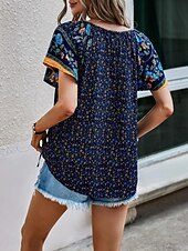 preiswerte Blumenblusen-Damen Bluse Druck Blumen Bohemien Vintage Lässig Kurzarm V Ausschnitt Normale Oberteile Täglich Ferien Ausgehen Blau Rote Braun Aprikose Sommer Frühling