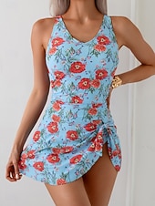 abordables Nadar-Mujer Bañadores Una pieza Monokini Vestido de Baño Burkini Traje de baño Control de barriga Alta cintura Delgado Espalda al Aire Vacaciones Ropa de playa Floral Graphic Escote en Pico Sin Mangas