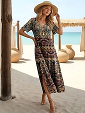 preiswerte Kunst &amp; Design Kleider-Damen Midikleid A Linie Kleid Lässig Täglich Normale Passform Blumen Abstrakt Kurzarm V Ausschnitt Schwarz Weiß Leicht Braun Orange Sommer Frühling