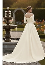  فساتين زفاف A-الخط دون الكتف نصف كم ذيل مثل الفرشاة ساتان فساتين الزفاف مع روش لون صلب