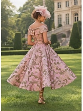 billige Cocktailkjoler-A-linje Gulvlengde Te-lengde Formell kjole Floral kjole Cocktailkjoler Elegant Årgang Blomster Kortermet Løse skuldre Hage fest Bryllup Lomme Jacquard Cowlhals med Blomstertrykk Lomme