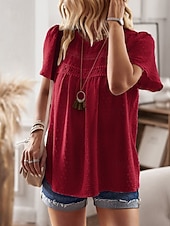 cheap Plain Blouses-Women's Summer Shirt Casual Shirt Blouse Lace Trim Solid Color Vacation Stylish Casual Short Sleeve Crew Neck Regular Tops Daily Beach Holiday Blue Black White Pink Red Summer Spring