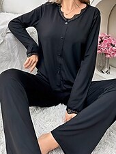 preiswerte Damen Schlafoberteile und -unterteile-Damen Schlafanzug Set Lässig Komfort Blumen Einfarbig Elastischer Bund Hose Täglich Heim Langarm V Ausschnitt Schwarz Weiß Purpur Grau Sommer Frühling Normale Passform