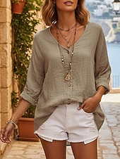 levne Základní falešné košile-Dámské Košile Košile pro volný čas Halenka Knoflíky Bez vzoru Čechy stylové Na běžné nošení Dlouhý rukáv Do V Běžné topy Denní Dovolená Jdeme ven Vodní modrá Světlá růžová Fialová Trávová zelená Khaki