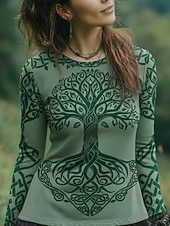 abordables T-shirt Boho-Mujer camisa boho Camiseta Estampado Floral Graphic Bohemia Vintage Casual Manga Larga Cuello Barco Tops regulares Diario Fin de semana Ropa de vacaciones Azul Marino Verde Trébol Verano Primavera