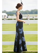 economico Lunghezza del pavimento-Sirena Tromba Lunghezza al pavimento Abito da invitata a nozze Abito Derby Abito da sera Abito da cerimonia per signora Senza Maniche Scollo a V Elegante Ospite di nozze Derby del Kentucky Raso con