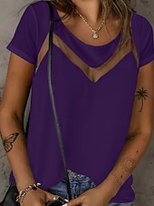 abordables Camiseta lisa-Mujer Camiseta Camiseta superior Encaje Plano Moda Elegante Clásico Manga Corta Cuello Barco Tops regulares Diario Noche Fin de semana Azul Piscina Negro Blanco Rojo Verano Primavera