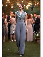  Overalls Overall Hosenanzug Bodenlang Perlenbestickt Abendkleid Kleid der Brautmutter Brautmutterkleid Ärmellos V Ausschnitt Elegant Einfach Minimalistisch Formell Hochzeitsgast mit Schärpe / Band