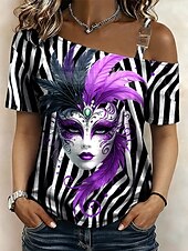 levne Dámské Mardi Gras Oblečení-Mardi Gras Dámské Tričko Grafika Tropický vzhled Havajské stylové Krátký rukáv Asymetrický krk Crop Tops Svatba na pláži Denní Sport Bílá / černá Bílá Žlutá Světle zelená Fialová Léto Jaro