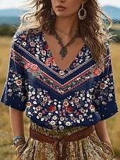 preiswerte Hemden-Damen Leinenähnliches Faux Baumwoll-Leinen Boho T-Shirt Florales Grafik Pflanzen Vintage Stylisch Klassisch Kurzarm V-Ausschnitt Reguläre Oberteile Täglich Wochenende Urlaubsbekleidung Druck Weiß