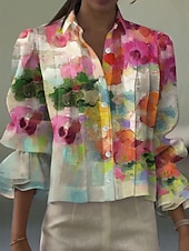 billige Essensielle falske skjorter-Damer Skjorte Linlignende Pustende Lettvekts Blomster Grafisk Elegant Bohemia Vintage Langermet Vanlige Topper Daglig Arbeid Ferie Volanger Rosa Sommer Vår
