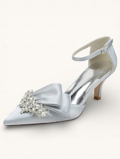 abordables novia-Elegantes zapatos de novia de satén con detalle de diamantes de imitación para mujer: punta puntiaguda, tacón bajo, tira al tobillo y varios colores.