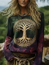 economico T-shirt Boho-Per donna Camicia Boho Maglietta Stampato Grafico Bohemien Vintage Casual Manica Lunga Girocollo Top Regolari Quotidiano Weekend Abbigliamento da vacanza Verde Estate Primavera Autunno