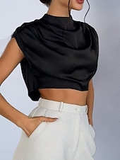 preiswerte Schicke Blusen-Damen Hemd Satinhemd Bluse Wickel-Crop-Top Gerafft Einfach Vintage Stilvoll Klassisch Kurzarm Hoher Ausschnitt Crop Tops Täglich Ferien Ausgehen Schwarz Weiß Marineblau Braun Grün Frühling Herbst