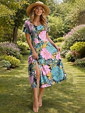 economico Abiti floreali-Per donna Abito Midi Vestito T-Shirt Abito a trapezio Abito Estivo Vacanza Casual Spiaggia Vestibilità regolare Floreale Grafico Manica Corta Girocollo Nero Rosa Arancione Estate Primavera