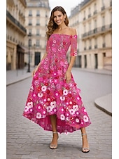 Недорогие Коктейльные платья-А-силуэт Ниже колена коктейльные платья Элегантный стиль Стиль знаменитостей Асимметричный крой Рукав до локтя С открытыми плечами Вечеринка в саду Свадьба Кружева с Вышивка Аппликации