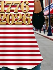 День независимости США Жен. Футболка С принтом Графика Полоски Мода Стиль Классика Длинный рукав Вырез под горло Обычные топы Повседневные выходные Одежда для отпуска Красный Весна Осень