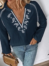 billige Enkle bluser-Dame Popover skjorte Uformell skjorte Bluse Broderi Paisly Elegant Bohem Fritid Langermet V-hals Vanlige topper Daglig utendørs Ferie Svart Hvit Navyblå Grønn Sommer Vår