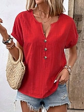 abordables Camiseta lisa-Mujer Camiseta Camiseta superior Botones del pecho Plano Moda Elegante Clásico Manga Corta Escote en Pico Tops regulares Diario Noche Fin de semana Negro Blanco Rojo Azul Marino Naranja Verano
