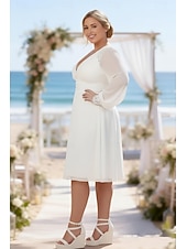 cheap Little White Dresses-A-Line Knee Length White Dress Wedding Dresses Bridal Shower Dresses Bridal Gown Elegant Little White Dresses Long Sleeve V Neck Wedding Graduation Chiffon with Lace Pleats Solid Color