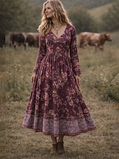abordables Vestido Boho-Vestido Midi Boho para Mujer Vestido Corte A Fiesta Casual Cita Ajuste Regular Gráfica Floral de Manga Larga Cuello en V Rojo Púrpura Naranja Verde Verano Primavera Otoño