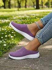 Недорогие Женские кроссовки-Женские дышащие вязаные прогулочные туфли без шнурков – легкие эластичные сетчатые мюли для путешествий, повседневной носки, покупок и прогулок на свежем воздухе.