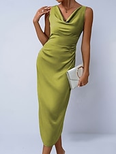 preiswerte Einfaches Kleid-Damen Midikleid Satinkleid Partykleid Figurbetontes Kleid Elegant Mode Modern Outdoor Urlaub Ausgehen Normale Passform Einfach Ärmellos Wasserfallausschnitt Hellgrün Grün Aprikose Sommer Frühling