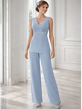 お買い得  ママのパンツスーツ-ドレスセット フロア丈 ブライドマザー ドレス 長袖 Vネック エレガント シンプル ウェディングゲスト ソリッドカラー付き