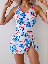 abordables Nadar-Mujer Bañadores Una pieza Monokini Vestido de Baño Burkini Traje de baño Control de barriga Alta cintura Delgado Espalda al Aire Vacaciones Ropa de playa Floral Graphic Escote en Pico Sin Mangas