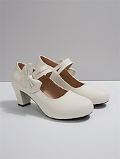 abordables Rétro des années 1950-Escarpins Mary Jane blancs vintage années 1950 pour femmes - élégants escarpins à bout rond et talon bloc avec nœud latéral - chaussures pin-up rétro classiques pour occasions formelles