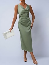 preiswerte Einfaches Kleid-Damen Midikleid Satinkleid Partykleid Figurbetontes Kleid Elegant Mode Modern Outdoor Urlaub Ausgehen Normale Passform Einfach Ärmellos Wasserfallausschnitt Hellgrün Grün Aprikose Sommer Frühling