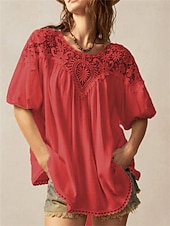 abordables Tops de Encaje-Mujer Tops de verano Blusa Tops de encaje Frunce Encaje Retazos Plano Elegante Tropical damas Manga Corta Manga de la linterna Cuello Barco Tops regulares Diario Trabajo Festivos Blanco Amarillo Rojo