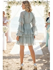 cheap Casual / Daytime Wedding-A-Line Knee Length Prom Dress Wedding Guest Dress Wedding Guest Dresses Elegant Daily Long Sleeve Crew Neck Prom Garden Party with Ruffles