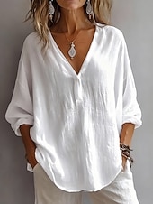 cheap Shirts-Women's Cotton Linen Shirts Ruched Solid Color Daily Basic Casual Long Sleeve V Neck Regular Tops Daily White Pink Sky Blue Summer Spring Fall