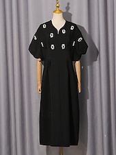 cheap Semi-formal / Cocktail-A-Line Tea Length Party Dress Cocktail Dress Wedding Guest Dress Wedding Guest Dresses Elegant Vintage Daily Short Sleeve V Neck Wedding Church with Pleats