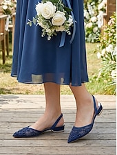 baratos Dama de honra-Sapatilhas femininas azul-marinho de malha com tira no calcanhar e bico fino adornadas com pérolas, ideais para damas de honra em casamentos ao ar livre em jardins.