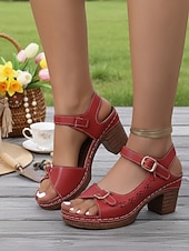 cheap Women-Women's Red Block Heel Open-Toe Sandals – Vintage-Inspired Buckle Strap Comfort Heels for Resort Dinners, Vacation Parties, Summer Events, City Walks &amp; Holiday Outfits