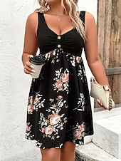 abordables Vestidos casuales con flores-Mujer Vestido hasta la Rodilla Vestido informal Vestido Estampado Elegante Moda Moderno Exterior Vacaciones Noche Ajuste regular Floral Sin Mangas Escote en Pico Negro Verano Primavera Otoño